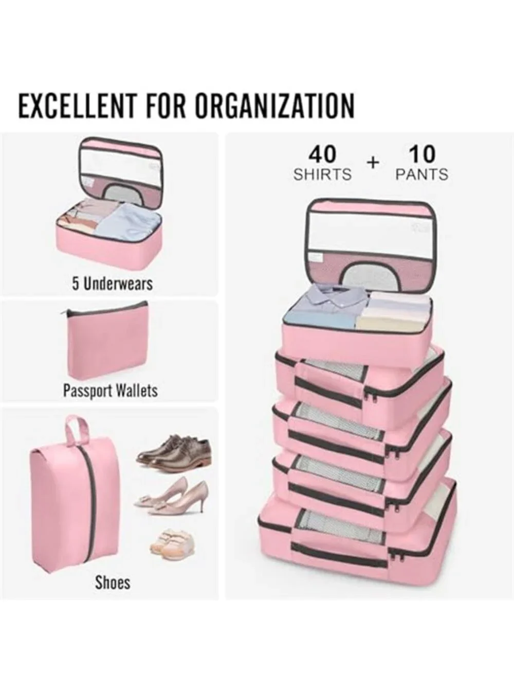 10 Piece Packing Cubes Travel Luggage Suitcase Organizer Toiletry Shoe Bag Pink